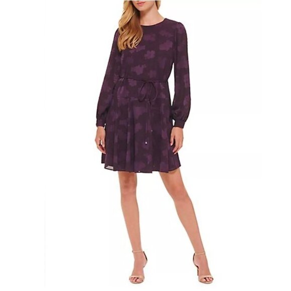 Tommy Hilfiger Size 8 Purple Burnout Floral Fit-&-Flare Dress Long Sleeve Belt - Picture 1 of 14